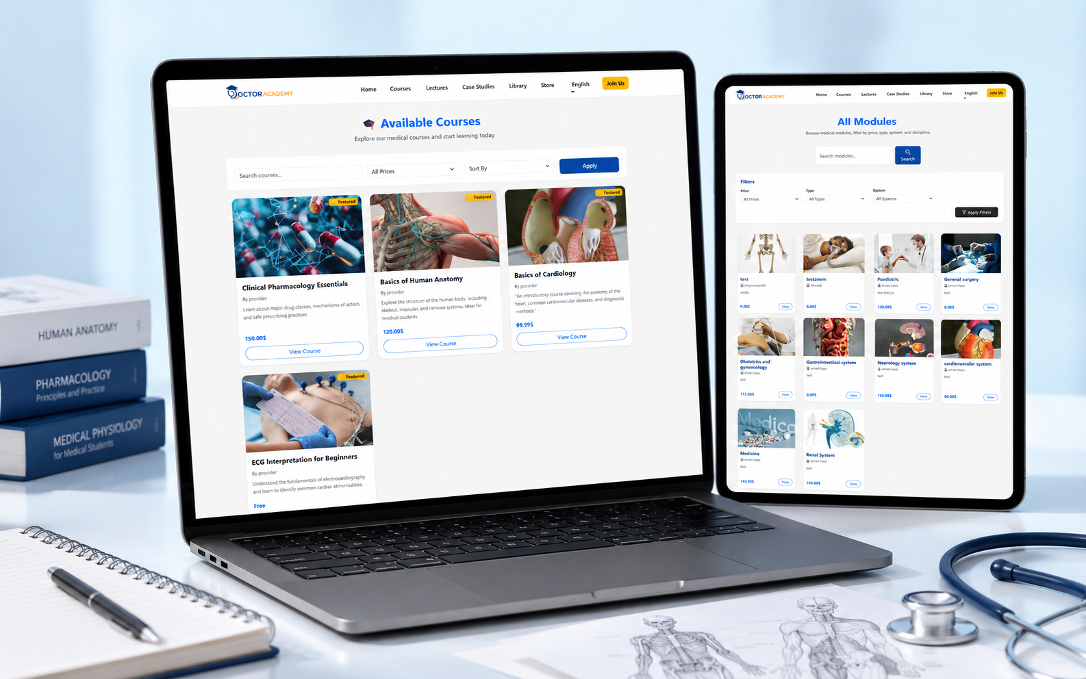 Searchable medical course catalog with structured modules, filters and responsive course cards.