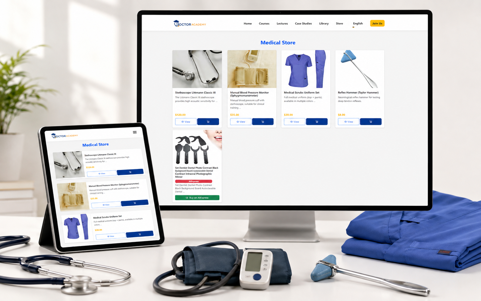 Integrated medical store for clinical tools, uniforms and educational equipment.