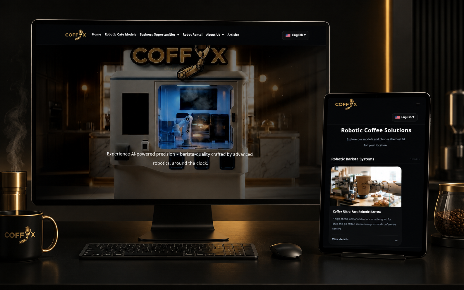 Coffyx responsive homepage presenting the future of AI-powered robotic coffee.