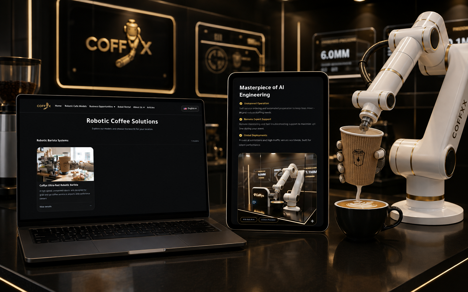 Product-focused experience presenting Coffyx robotic barista systems and AI capabilities.